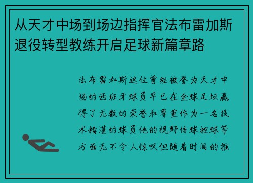 从天才中场到场边指挥官法布雷加斯退役转型教练开启足球新篇章路