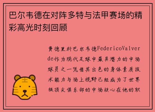 巴尔韦德在对阵多特与法甲赛场的精彩高光时刻回顾