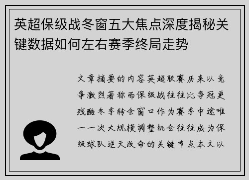 英超保级战冬窗五大焦点深度揭秘关键数据如何左右赛季终局走势